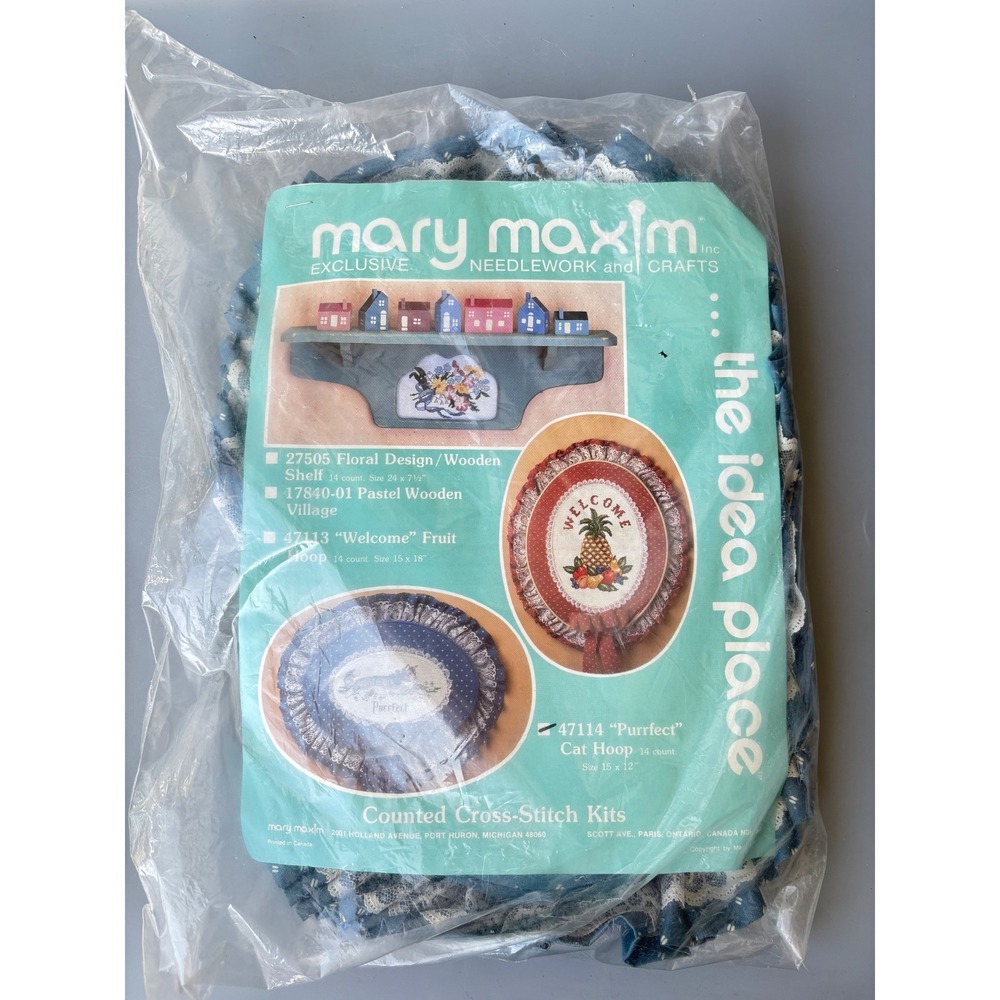 Vtg Mary Maxim Purrfect Cat Hoop Counted‎ Cross Stitch Kit 15x12 Blue Country